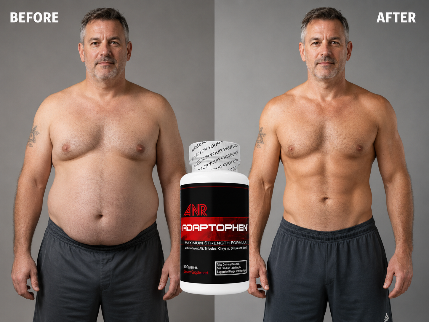Adaptophen bottle and capsules containing tongkat ali, tribulus, 5-methyl-7-methoxy-isoflavone and ZMA