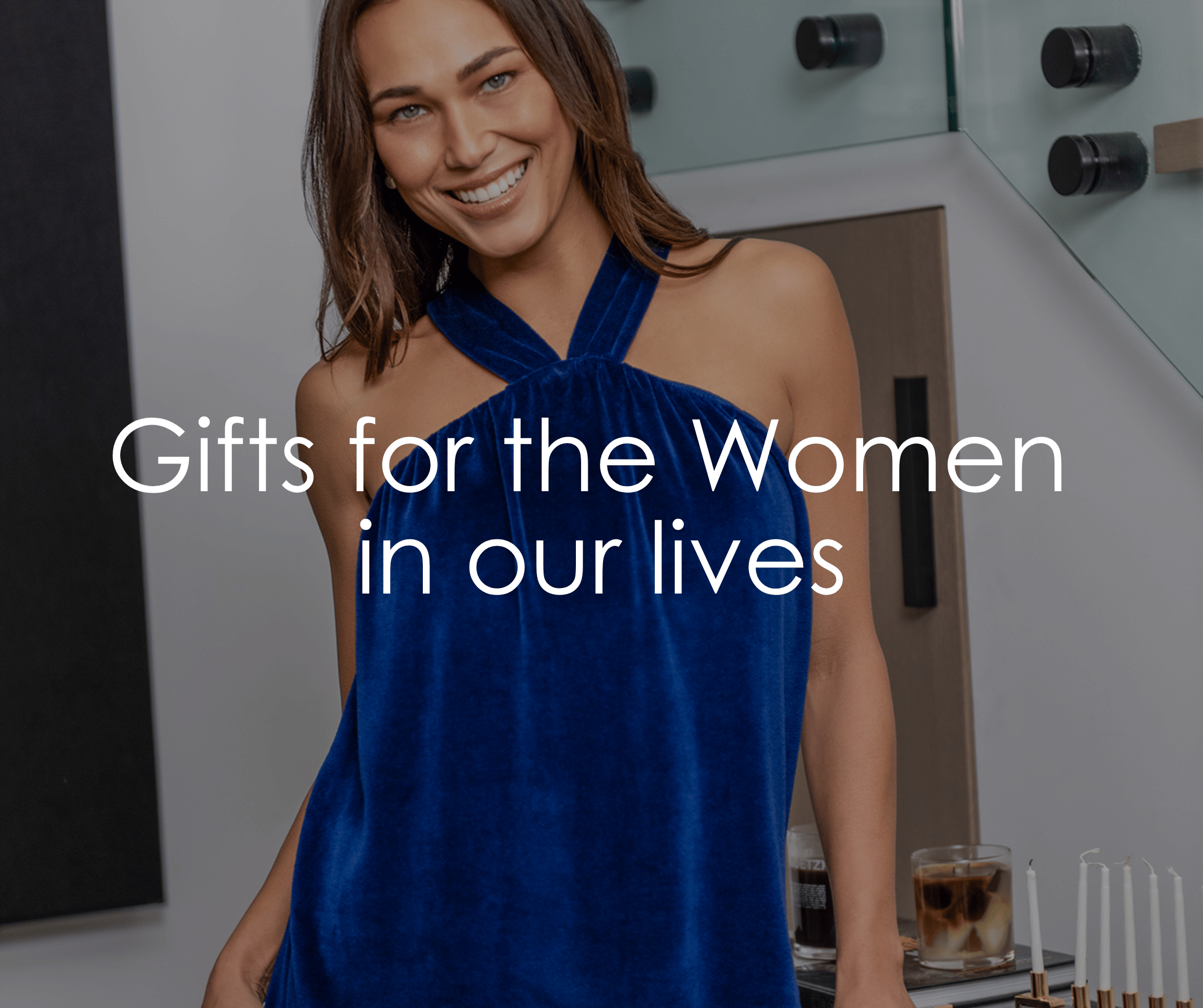 female wearing a velour sapphire top