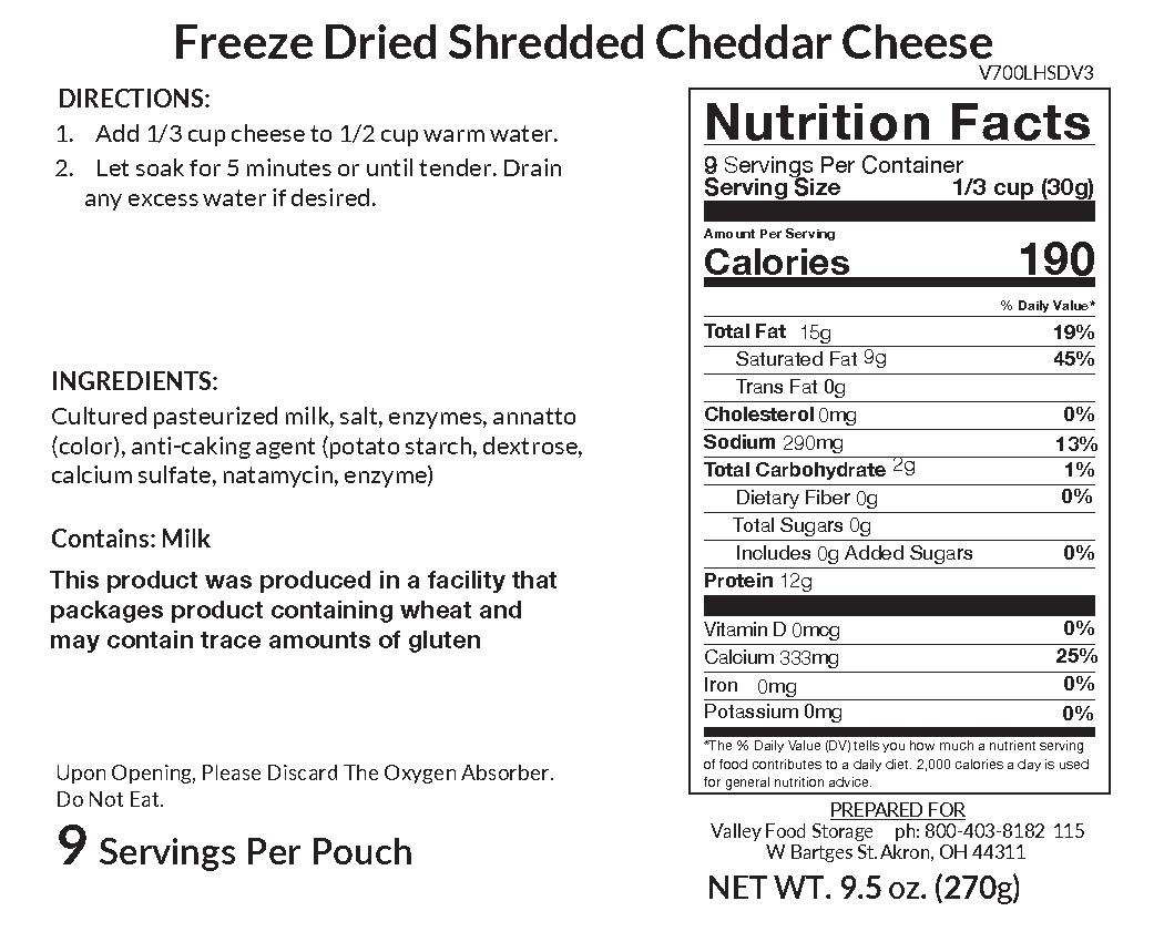 Valley Food Storage Shredded Cheddar Cheese Long Term Food Storage Nutrition Label