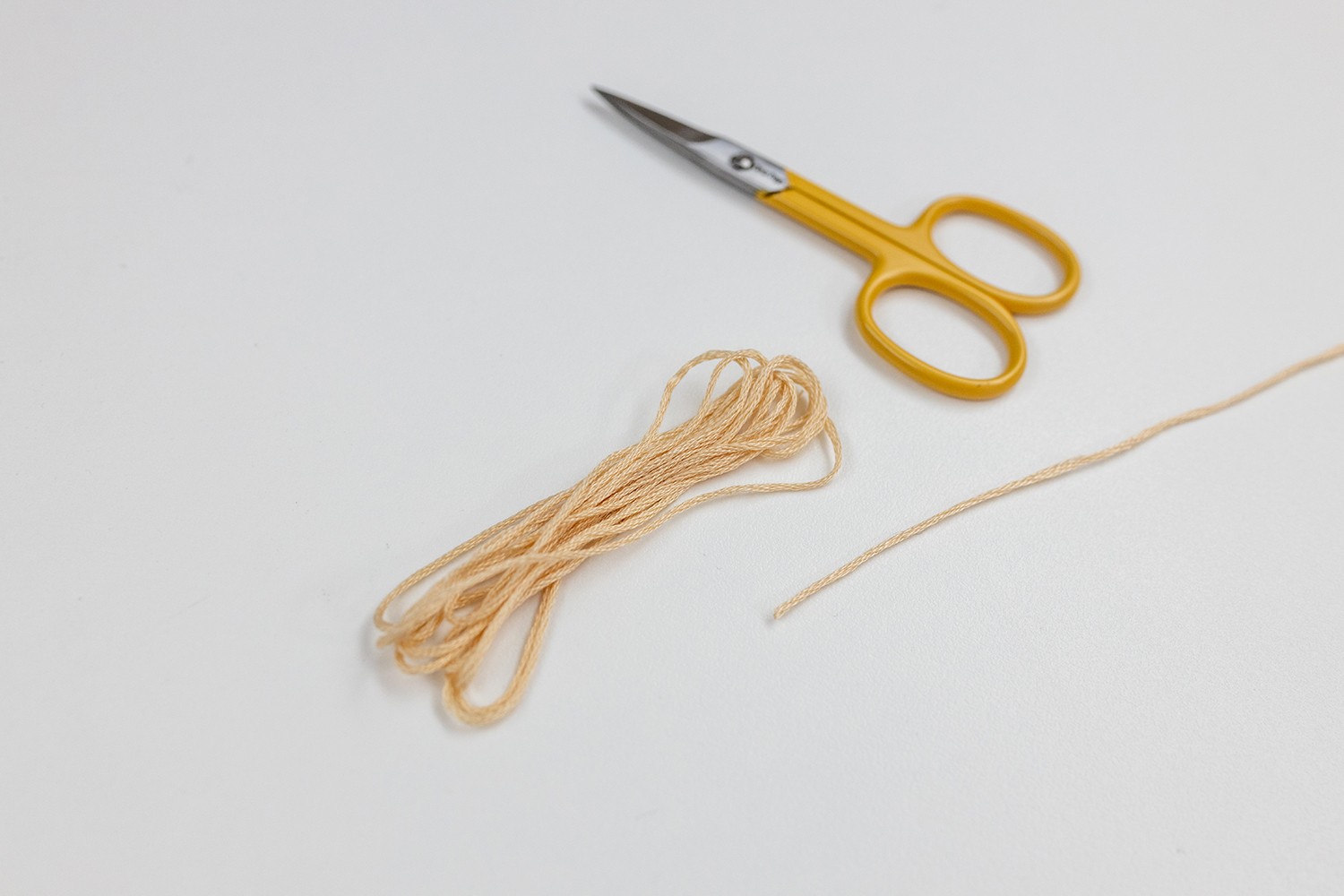 A bundle of thread sits next to a pair of scissors.