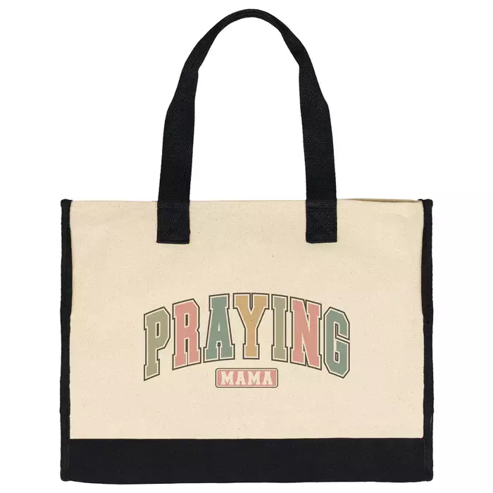 tote bag that says Praying Mama in pastel colors