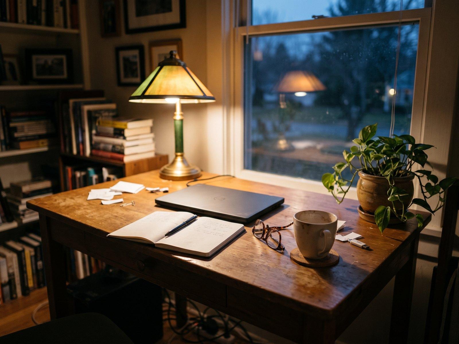 Home office desk at the end of the day with a closed laptop, notebook, glasses and a cup of tea