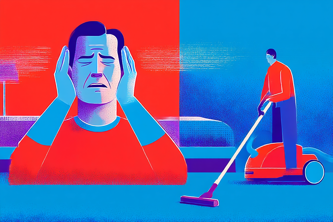A man with sound sensitivity, covering his ears to block the sound of a vacuum cleaner.