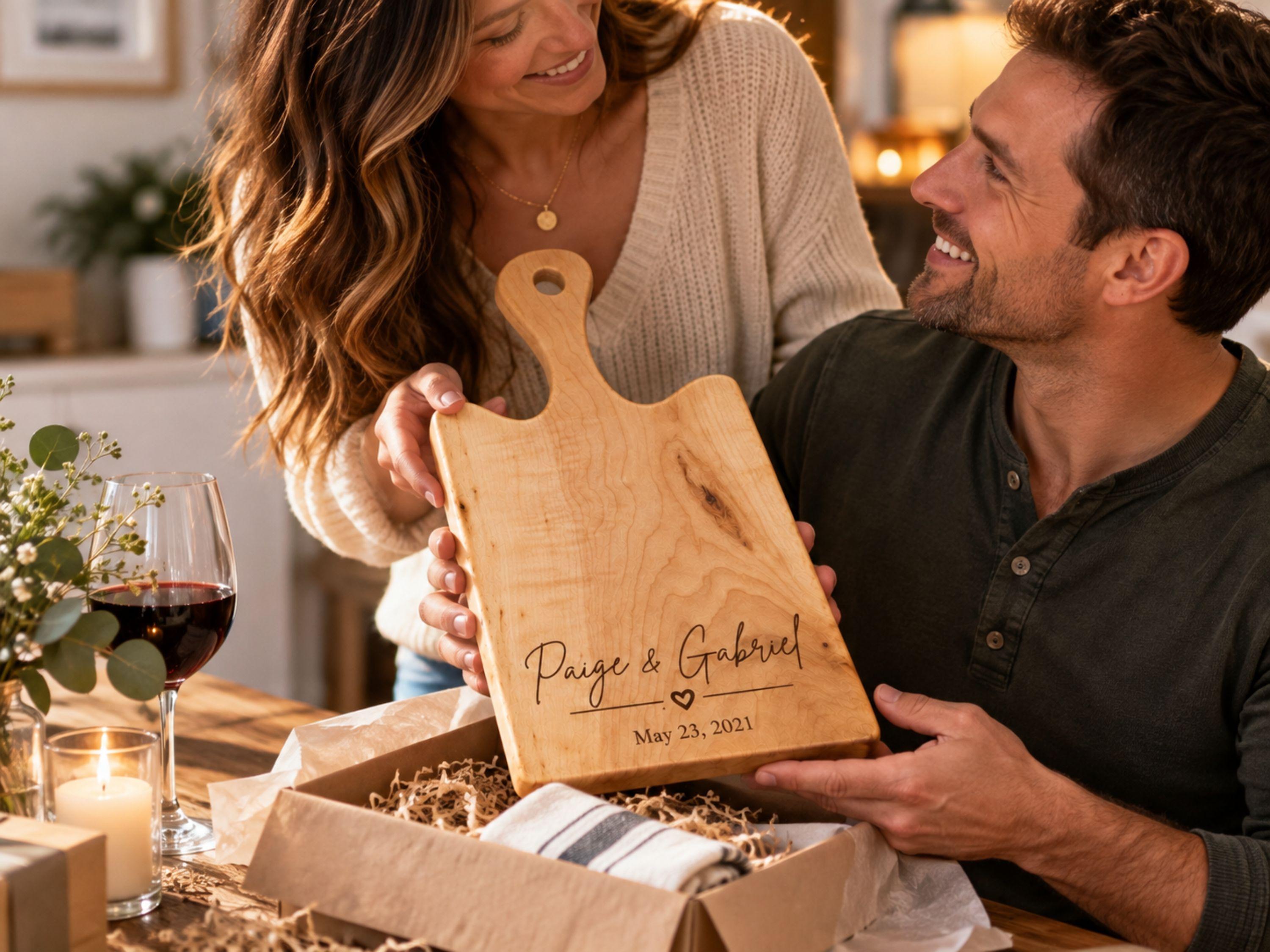 A wife present a handled live edge charcuterie board to her husband for s 5th wedding anniversary gift. Wood is the traditional gift to give for 5 year anniversary.