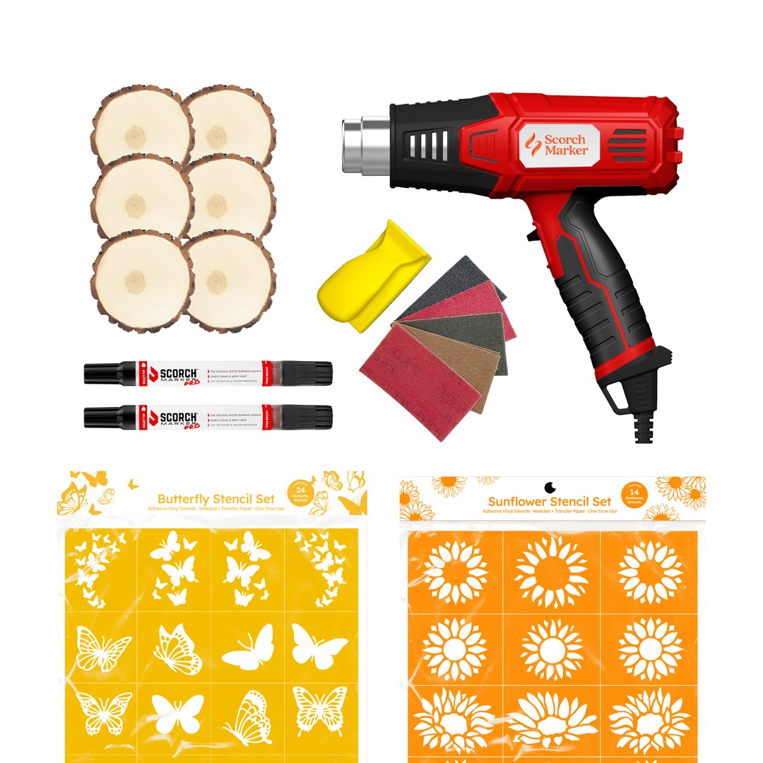  SCORCH MARKER Starter Bundle Includes 2 SMPROS, 1500W Heat Gun,  6 Wood Rounds, & 2 Vinyl Stencil Packs - Give Your Creation Life With This  Complete, Start to Finish, DIY Woodburning