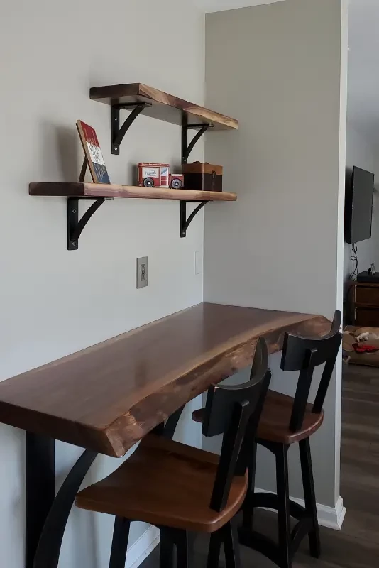 Live Edge Shelves and Bar with Arch Steel Brackets