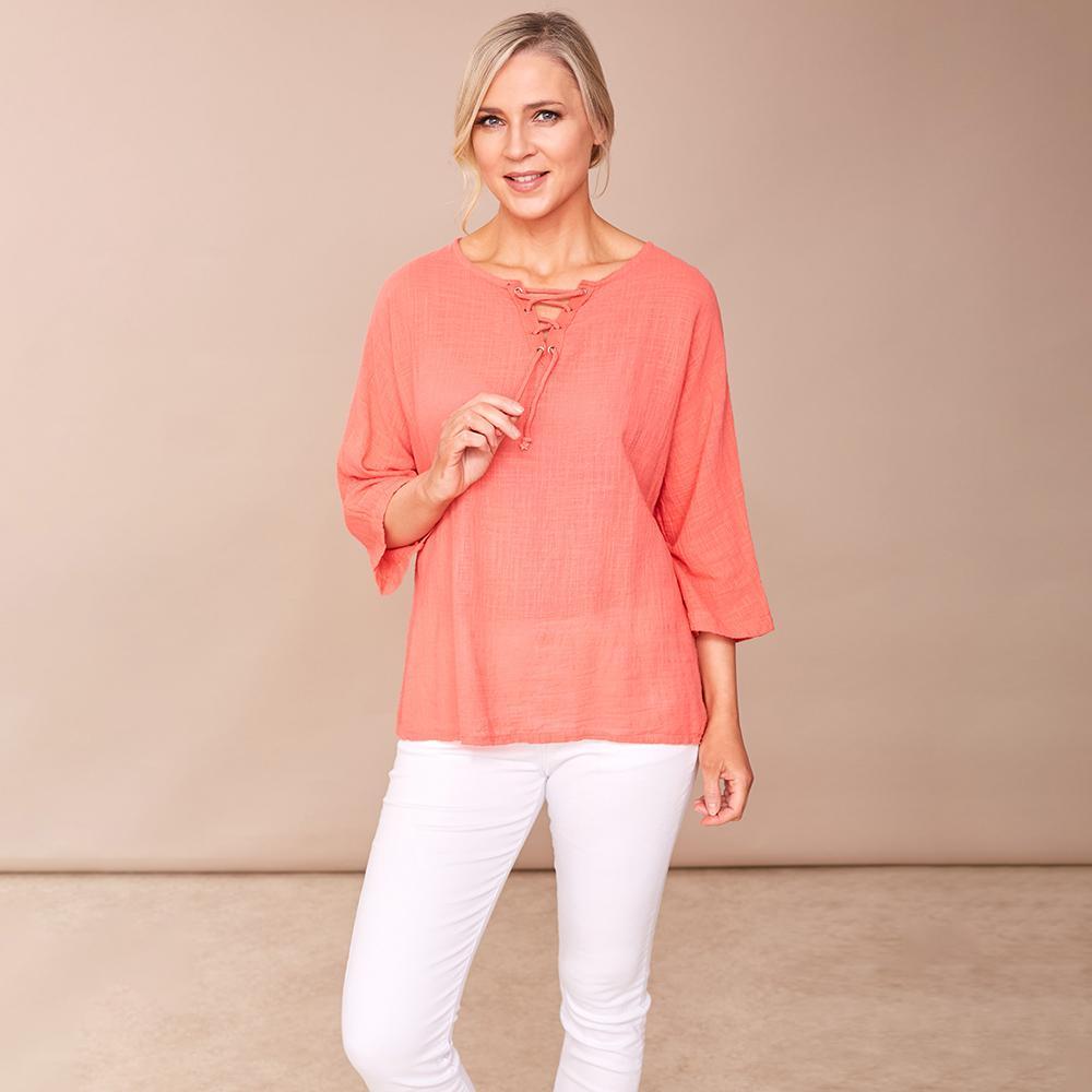Donna Tie Lace Linen Top Coral