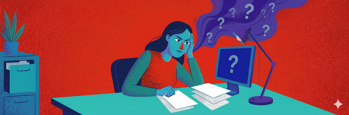 A woman sitting behind her workdesk, having difficulty remembering and focusing due to insomnia.