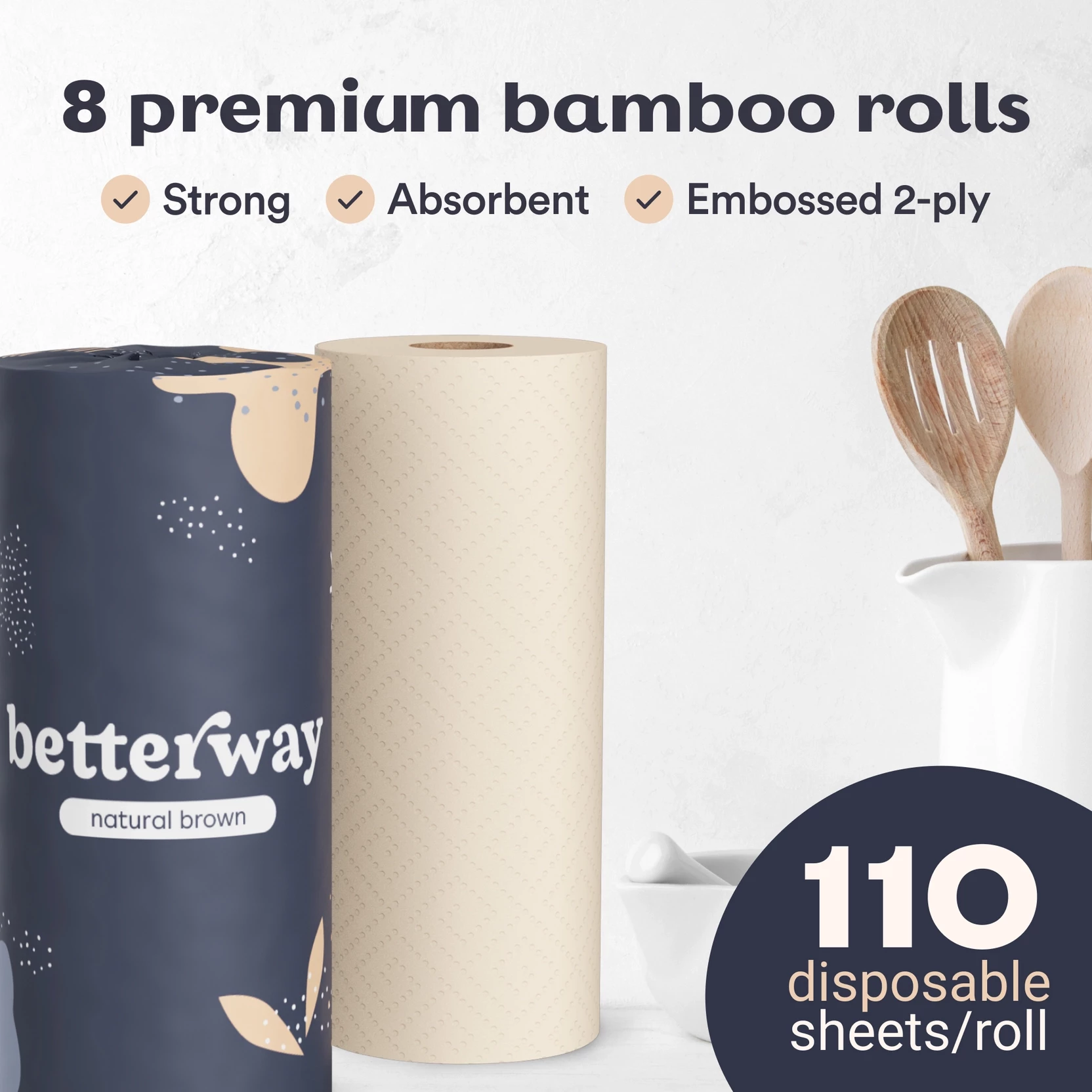 bamboo paper towels infographic with the words - 8 premium bamboo rolls - strong - adsorbent - embossed 2-ply - 110 disposable sheets per roll