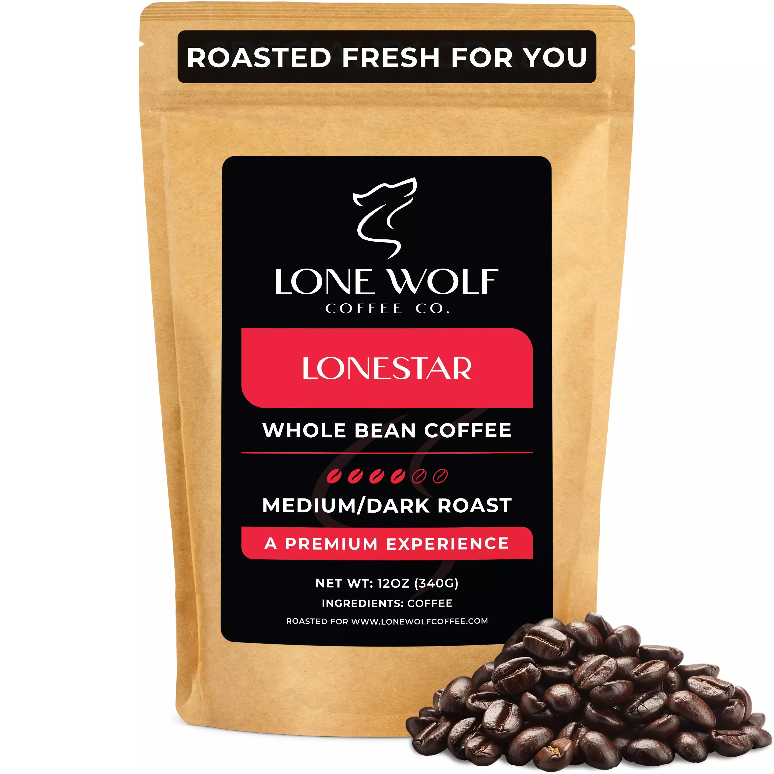 One 12oz bag of Lone Wolf Coffee’s Lonestar Medium-Dark Roast Whole Bean coffee bag product photo