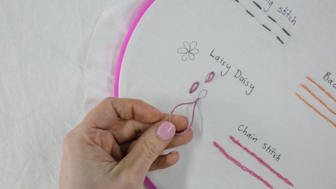 This image shows Step 2 of lazy daisy, holding the loop of the thread.