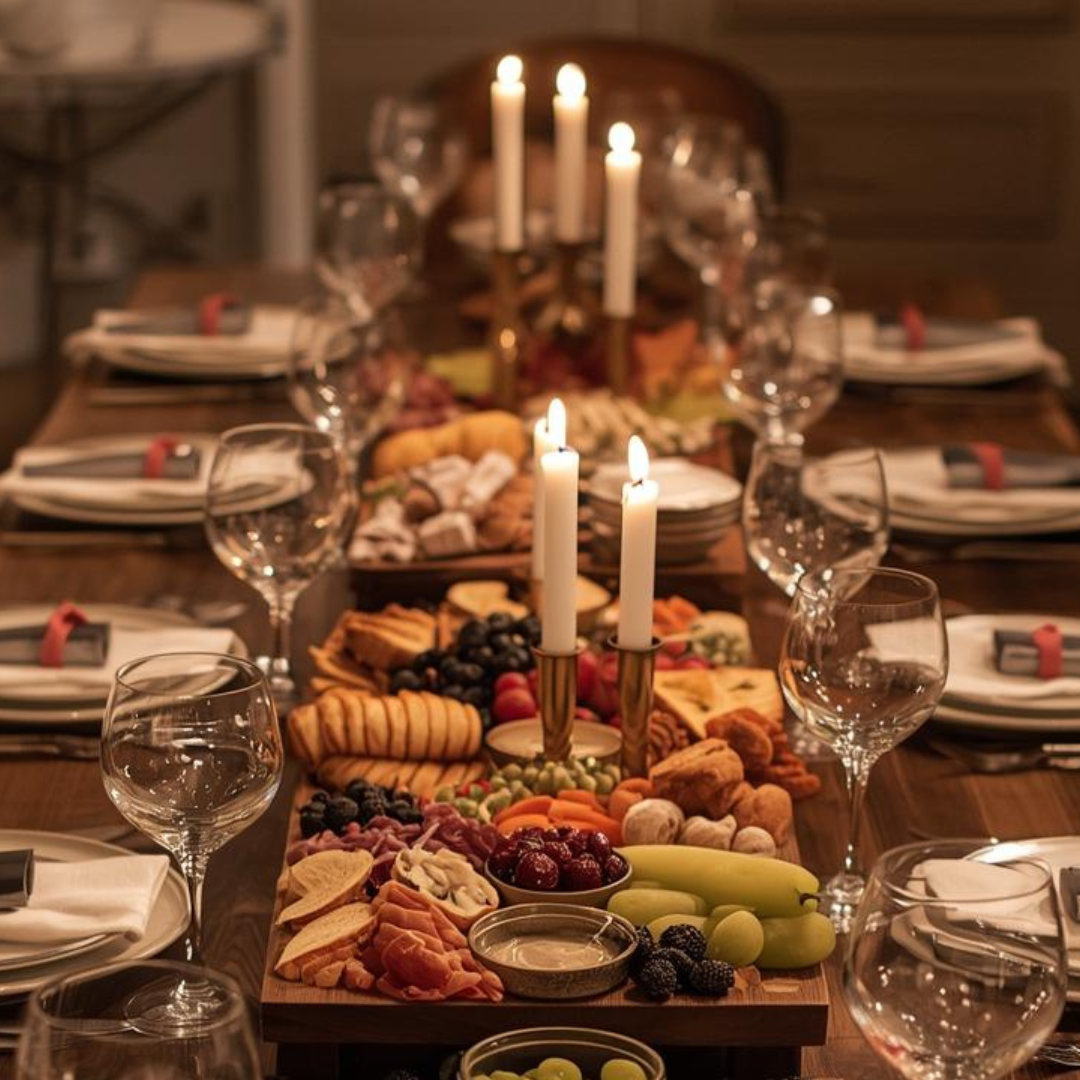 A beautifully prepared dining table set for guests with a large wooden charcuterie board, candles, wine glasses, and neatly arranged place settings, creating a calm and inviting space for stress free dinner hosting ideas.