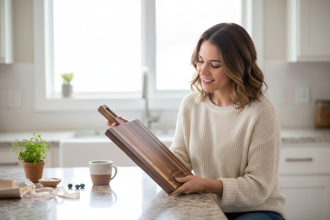 Woman admiring a handcrafted walnut cutting board, confident in her gift choice
