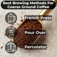 Scoop of coarse coffee grounds with icons showing recommended brewing methods like French press and pour over — Lone Wolf Coffee