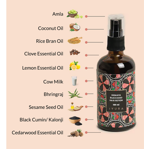 Immagine illustrativa della Pozione per Capelli Keranya di iYURA con gli ingredienti principali disposti ai lati della bottiglia: Amla, olio di cocco, olio di crusca di riso, olio essenziale di chiodi di garofano, olio essenziale di limone, latte di mucca, Bhringraj, olio di semi di sesamo, cumino nero (Kalonji) e olio essenziale di legno di cedro.