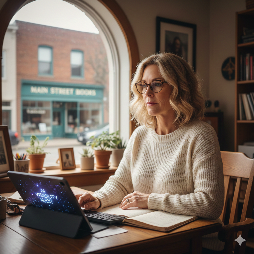 woman working in her office. She owns a small, local business
