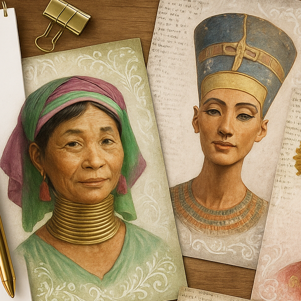Neck Rings of Kayan Tribe from Myanmar (Left), Queen Nefriti's Bust (Right). Images re-imagined via AI (OpenAI Sora). For artistically inspired illustration only