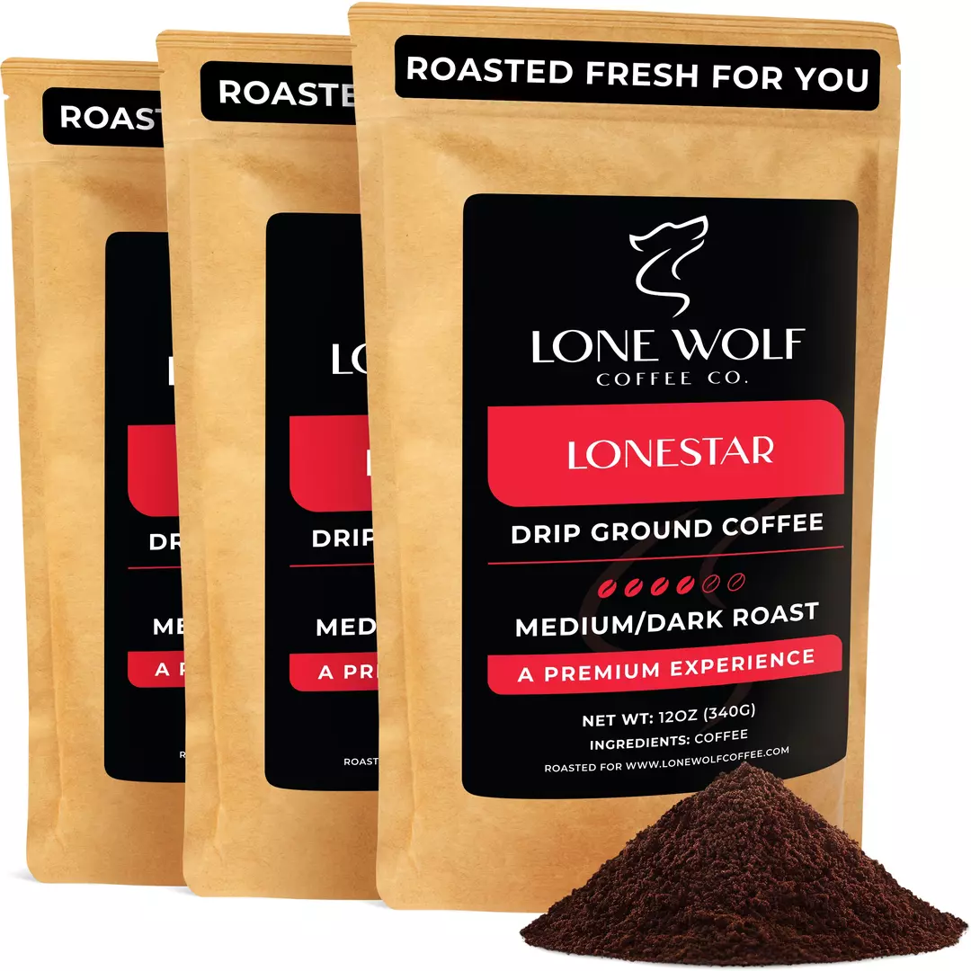 Three 12oz bags of Lone Wolf Coffee’s Lonestar Medium-Dark Roast Drip Ground coffee bag product photo