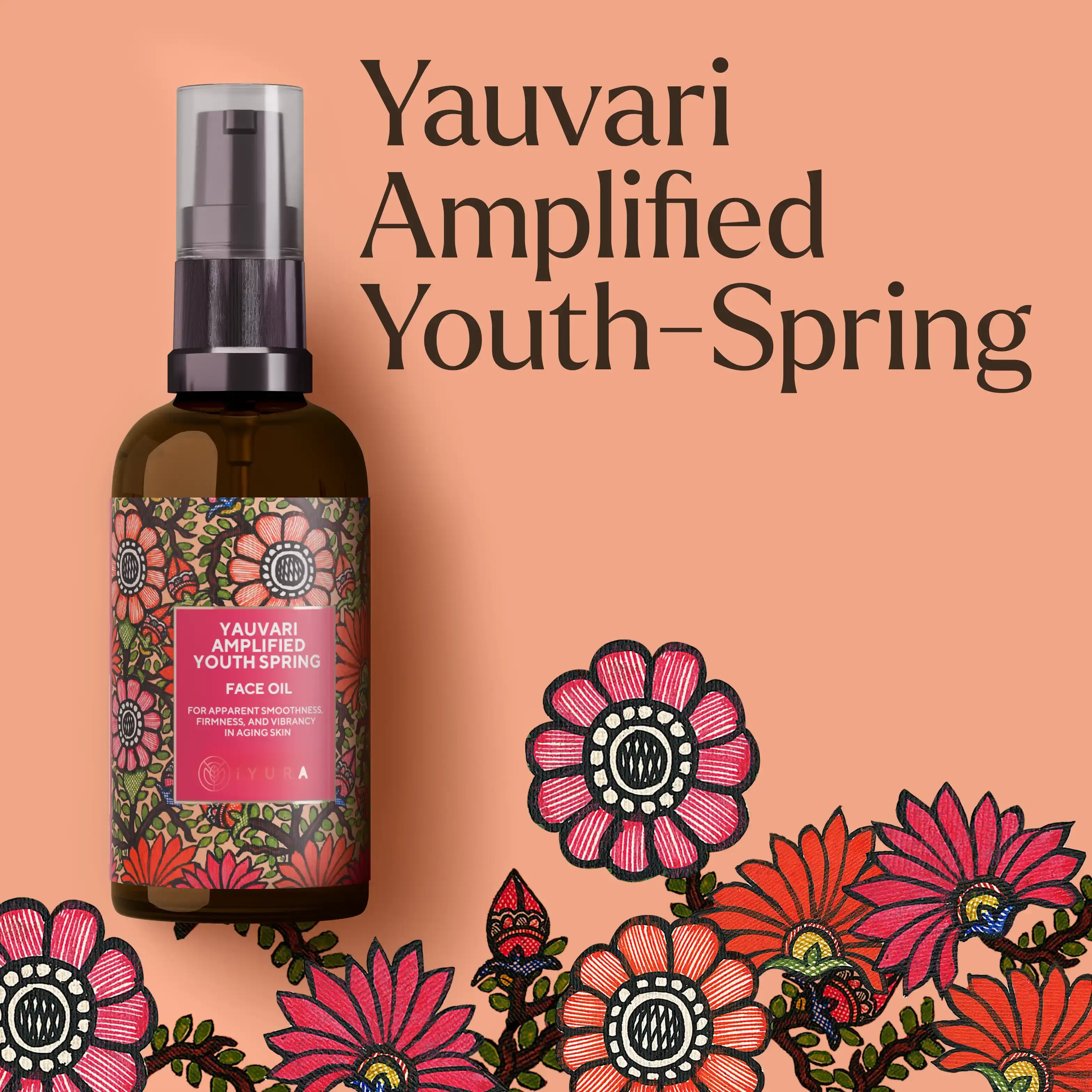 Yauvari Youth Spring serum bottle kept over a pink color background with orange, pink and red color flower artworks at the bottom
