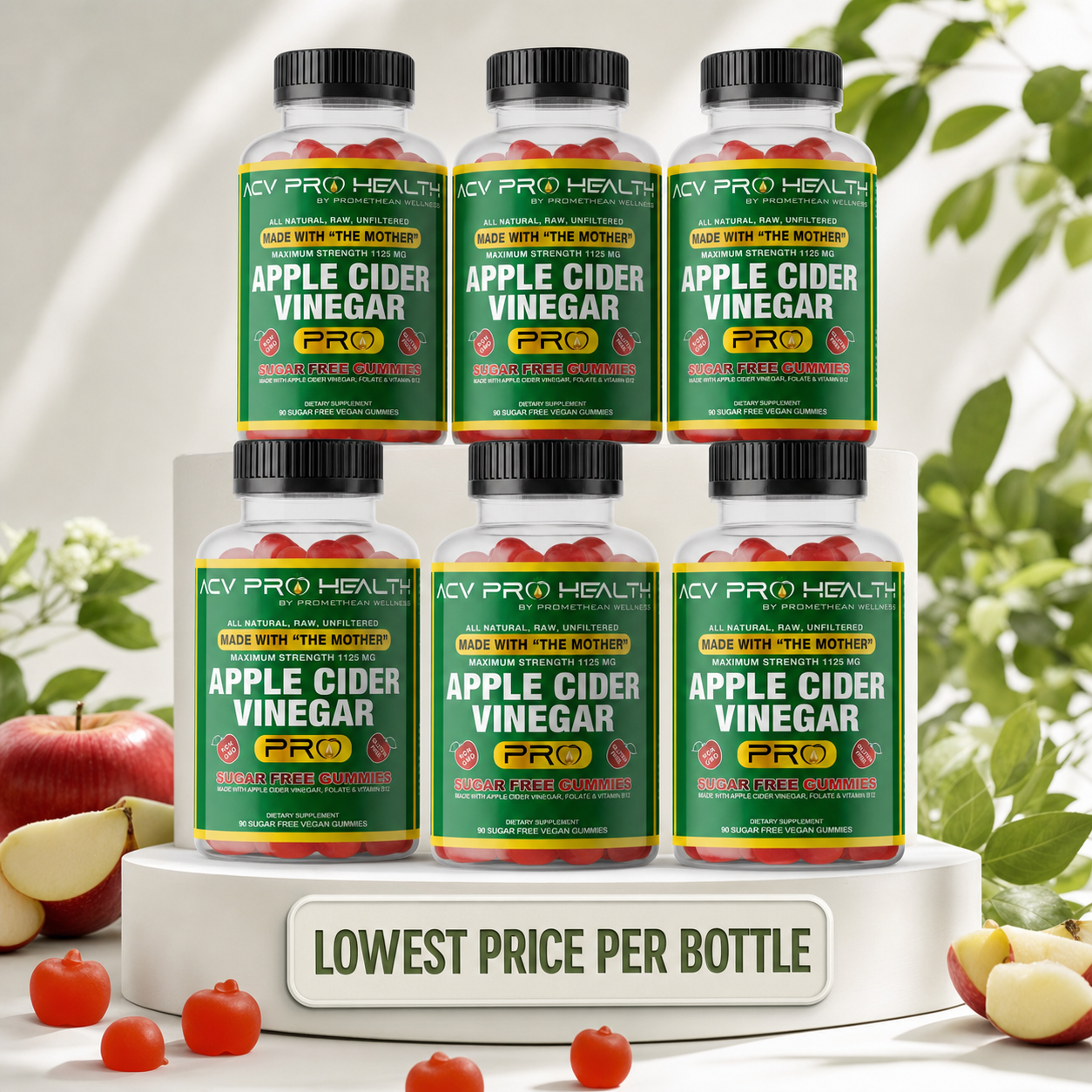 (6 Bottles - 540 Gummies) ACV with Sugar Makes No Sense! Try The Only Zero Net Carbs Sugar Free Apple Cider Vinegar Gummies