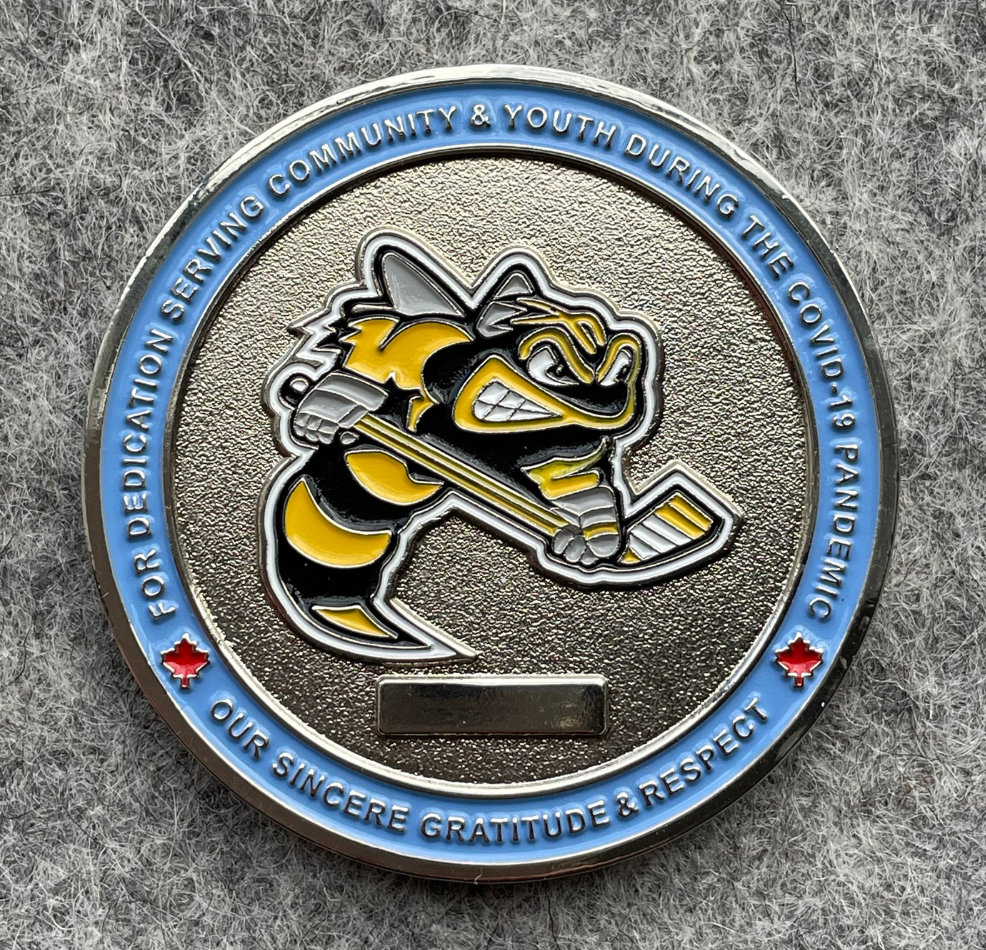 custom challenge sports coin with bee playing hockey