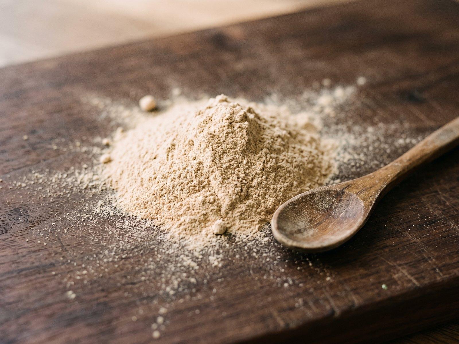 Fine pale ashwagandha powder on a walnut board with a wooden spoon