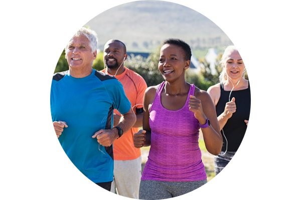 circular image of a group of 4 adult friends jogging together outside