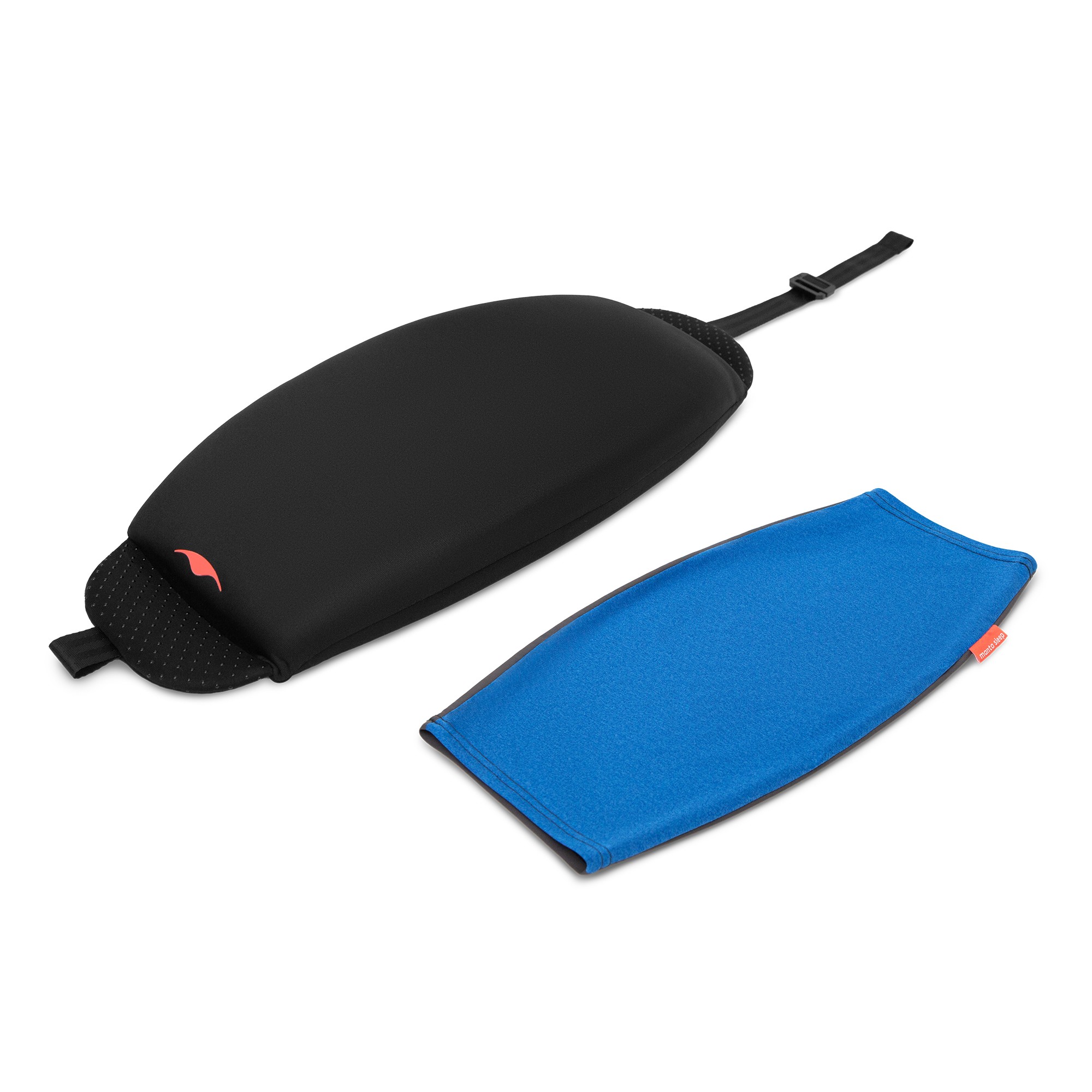 A black nap pillow with a blue cover for power napping at work.