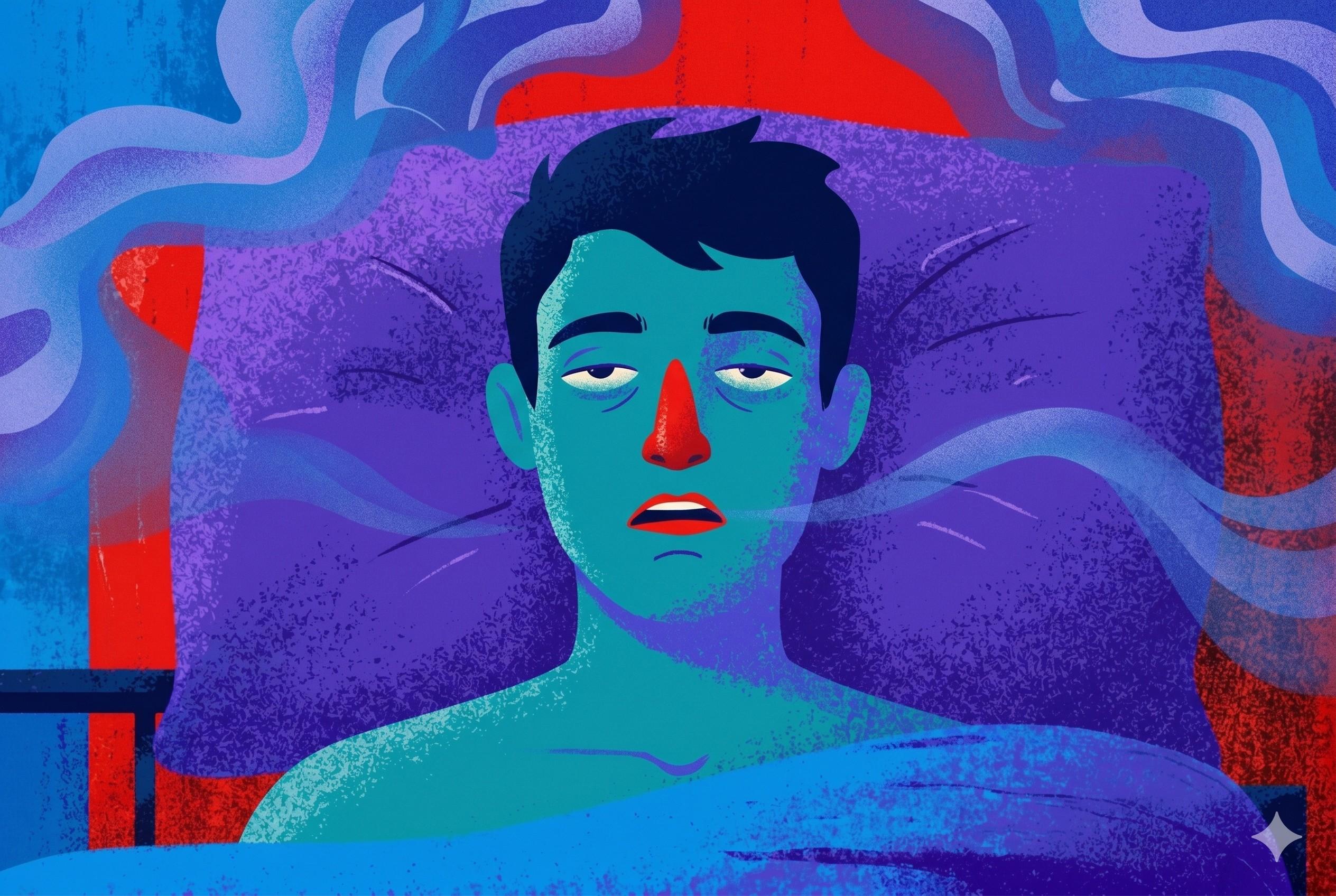 A man with heavy half-shut eyes drifting from NREM 1 to NREM 2 — editorial illustration on what is light sleep.