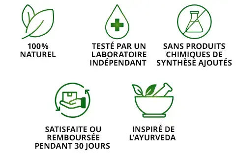 100 % NATUREL, SANS PRODUITS CHIMIQUES DE SYNTHÈSE AJOUTÉS, TESTÉ PAR UN LABORATOIRE INDÉPENDANT, INSPIRÉ DE L’AYURVEDA, SATISFAITE OU REMBOURSÉE PENDANT 30 JOURS