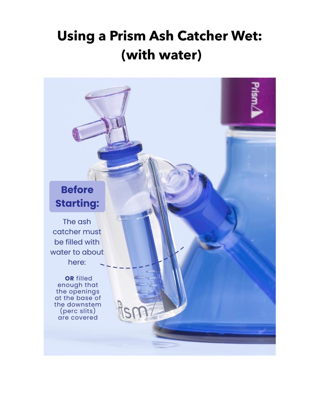 a diagram/infographic on how to use a Prism ash catcher wet with water