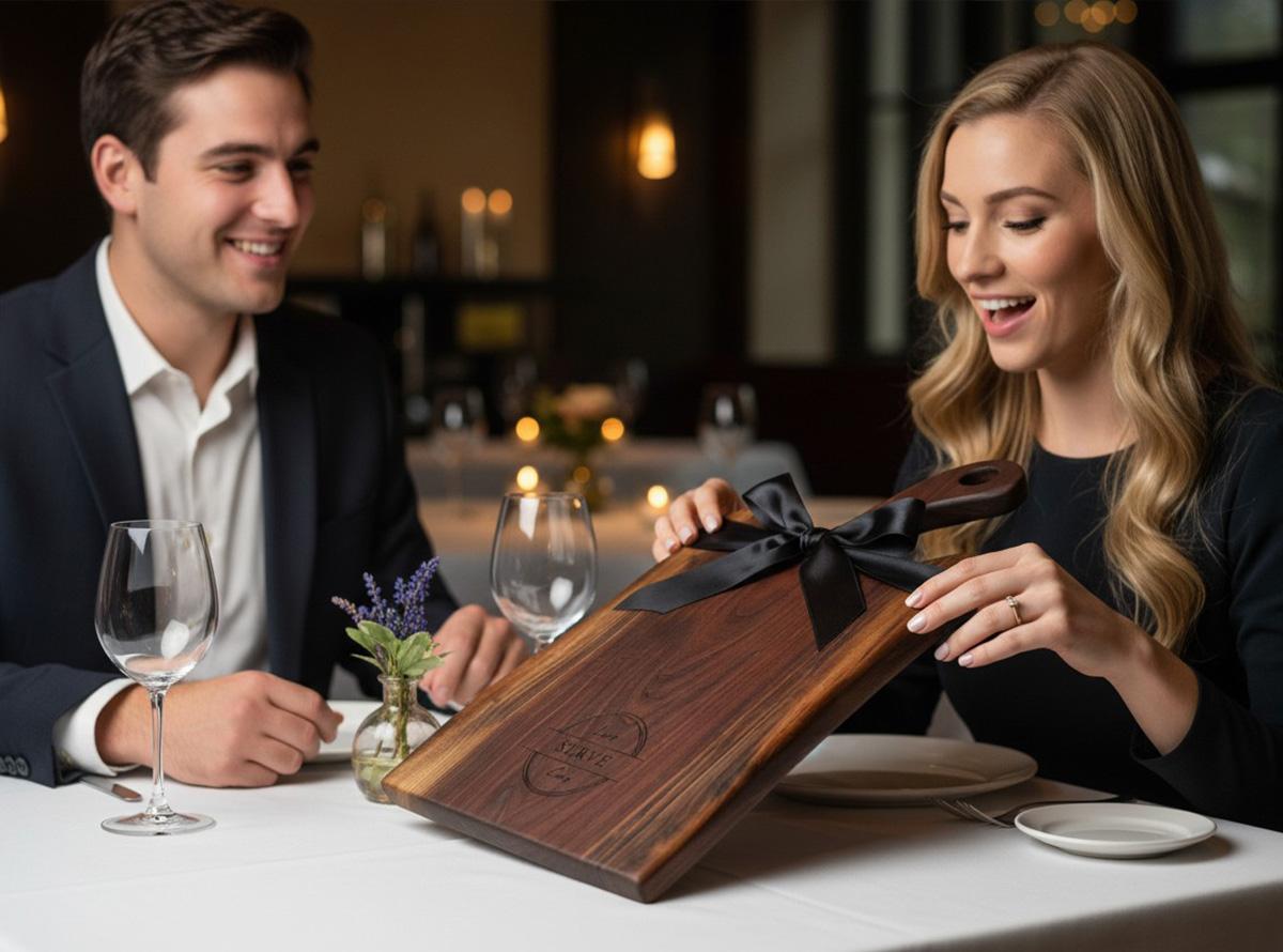 Friends giving a personalized live edge walnut charcuterie board as a housewarming gift