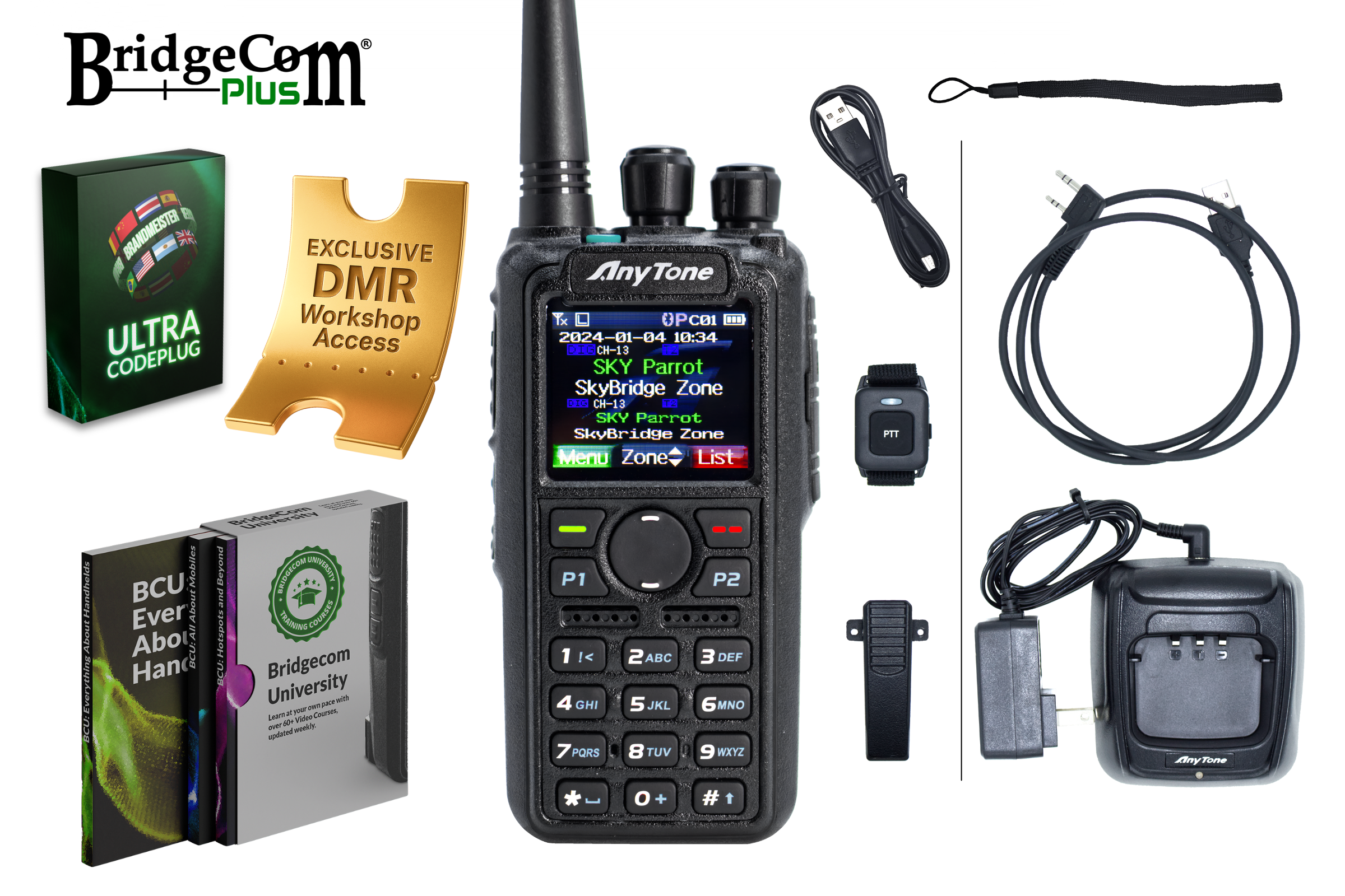 radio, digital product inclusions, (training, codeplug, DMR workshop) and accessories in white background