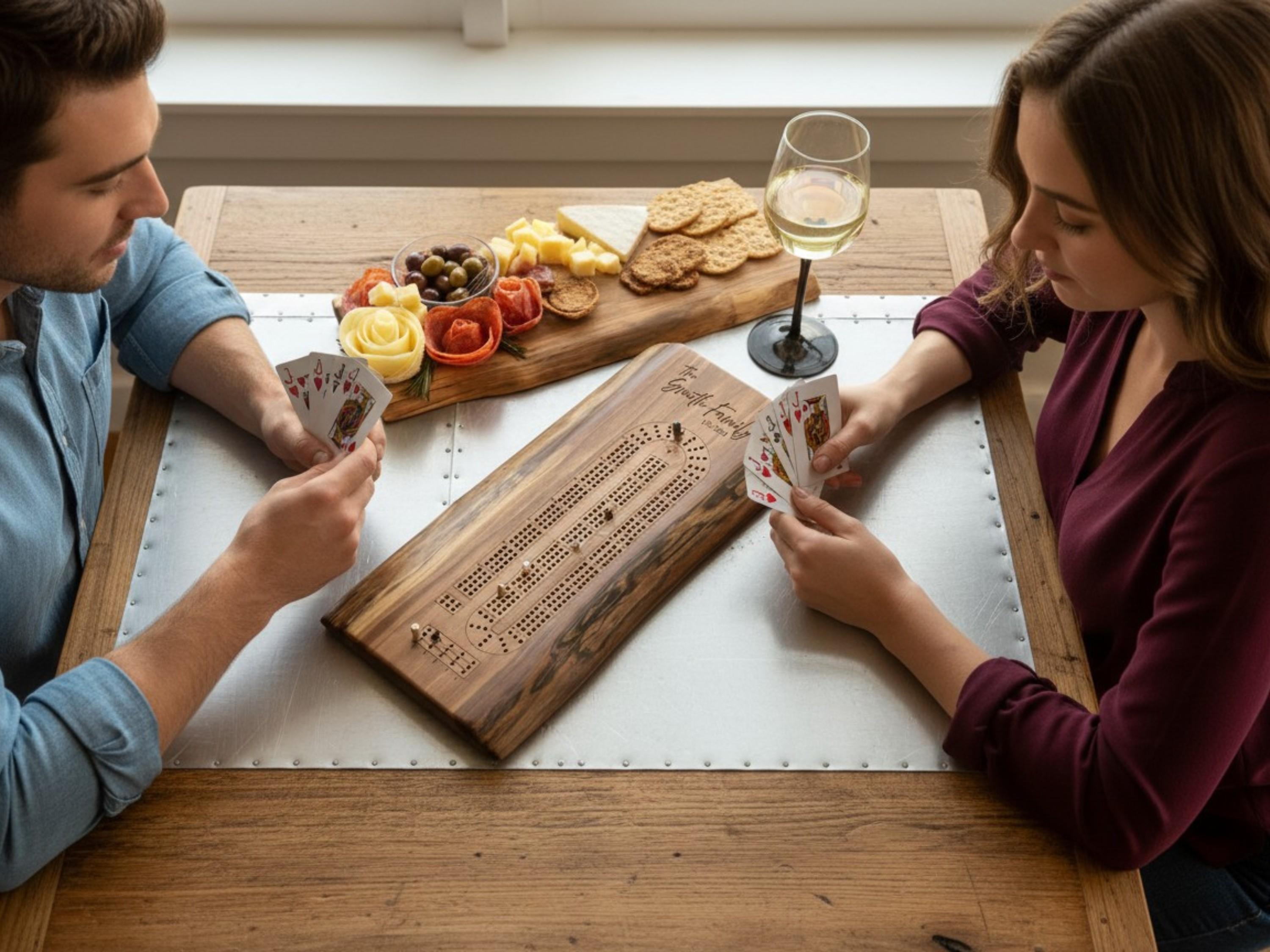 Personalized live edge walnut charcuterie board game for couples date night