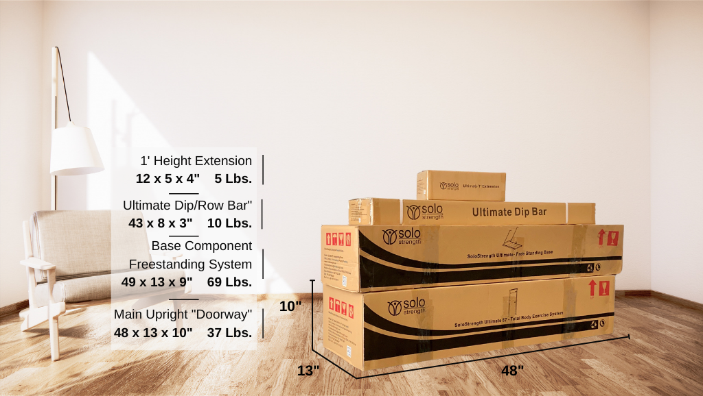 Shipping box sizes for corner mounted SoloStrength home gym pull up bar dip station