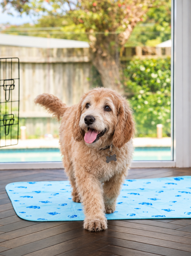 A cheerful senior golden doodle walks toward the camera on a blue patterned potty pad in a bright, sunlit room with a dog crate and backyard visible through the glass doors.