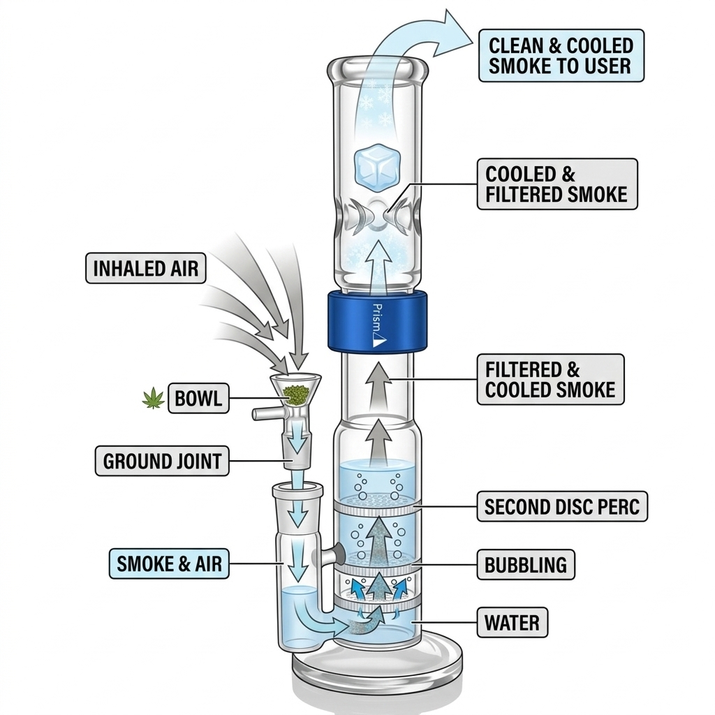An educational diagram showing the internal airflow path of a Prism modular water pipe. Arrows illustrate the journey of smoke starting at the bowl, traveling through the precision-diffusion downstem, bubbling through the base reservoir, passing through the Halo Connector, and exiting through the triple-pinch ice mouthpiece.