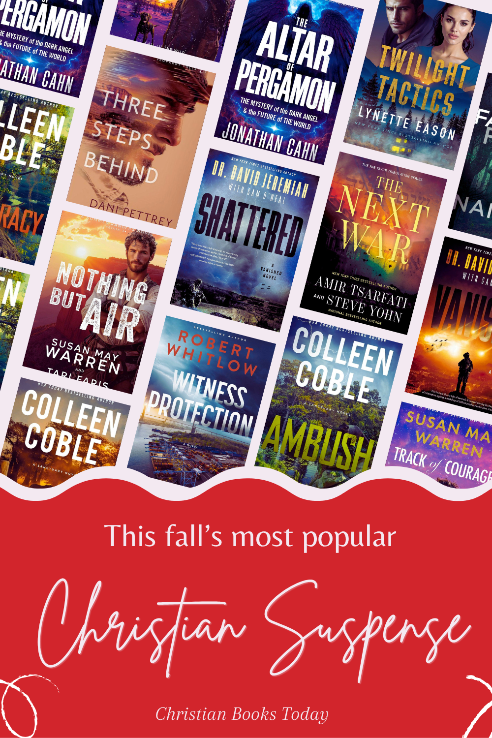 Thirteen Christian suspense book covers with the words This fall’s most popular Christian Suspense