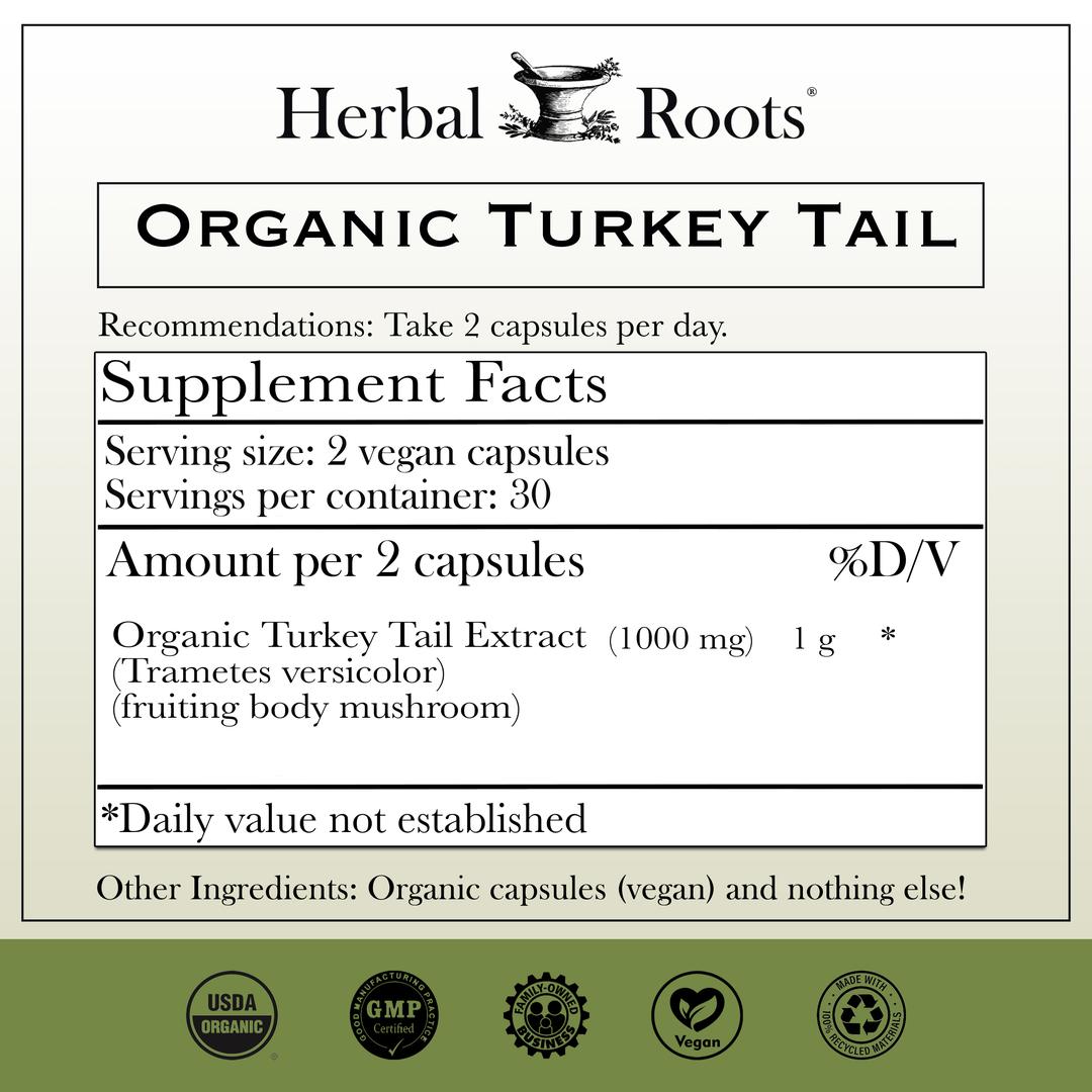 Organic Turkey Tail supplements facts. 1000 mg of organic turkey tail extract. (fruiting bodies only)
