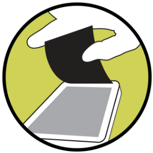 llustration of a hand removing the paper backing from adhesive strips. This step shows preparing the Door Buddy door strap pieces before attaching them to the door and frame.