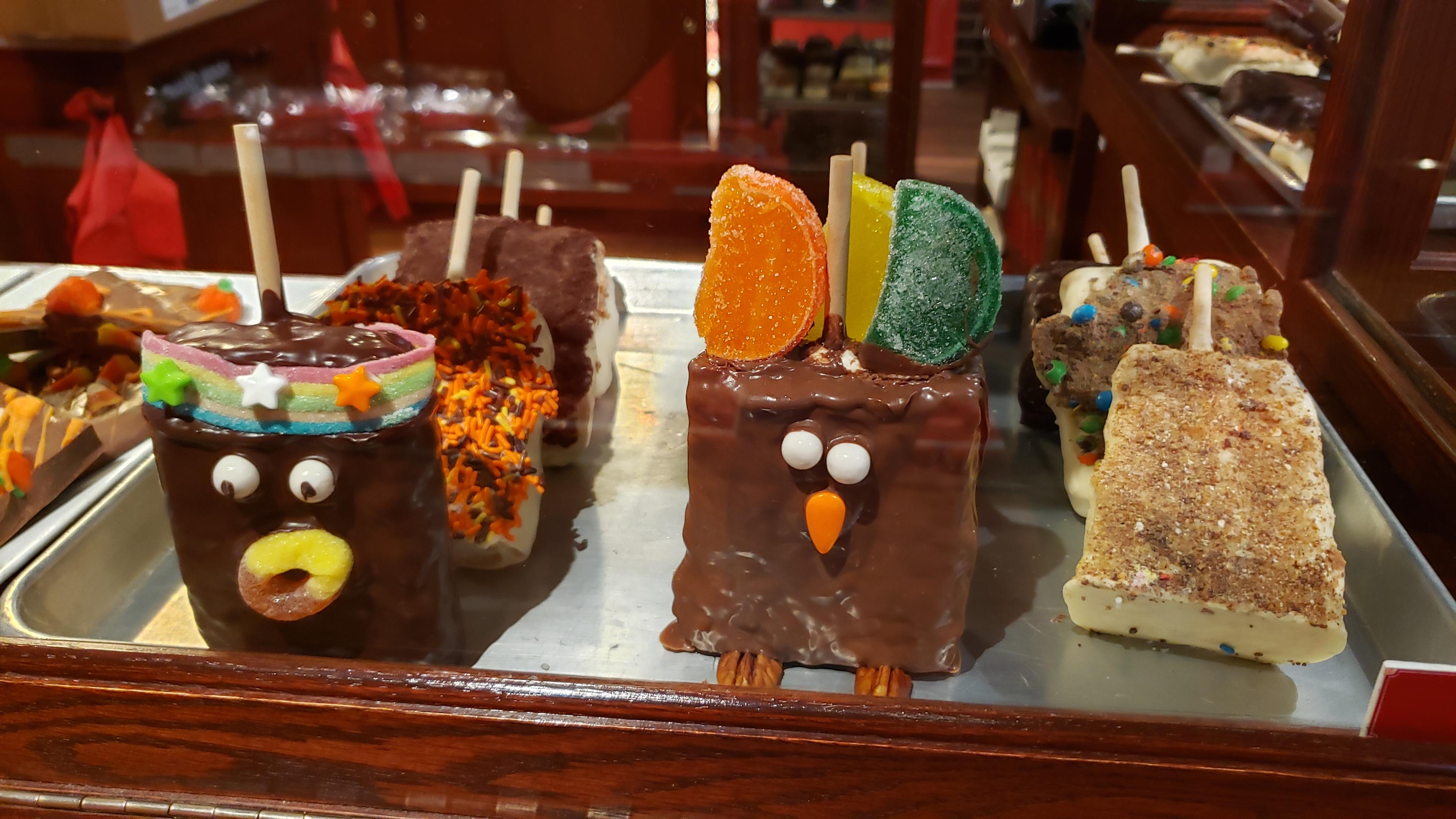 Fall-decorated chocolate turkey treats and Rice Krispies treats at River Street Sweets Lancaster