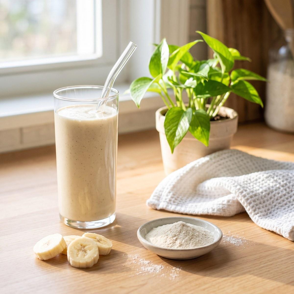 Creamy vanilla smoothie made with tremella powder by a sunny window