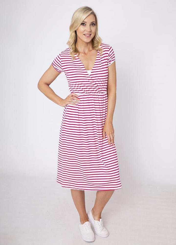 Stripe Cap Sleeve Cross Over Dress