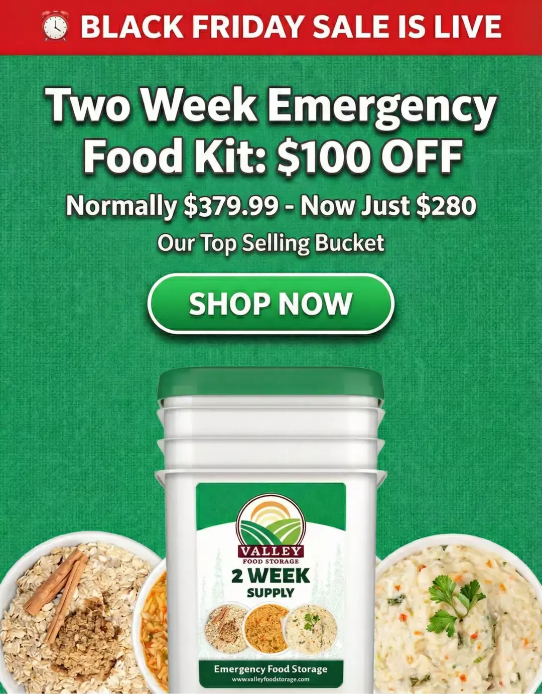 Valley Food Storage 2-Week Emergency Food Supply buckets displayed with prepared freeze-dried meal bowls in a Black Friday promotion.
