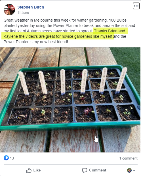 Screenshot of a Facebook post showing a seed tray with newly sprouted seedlings on a wooden table.