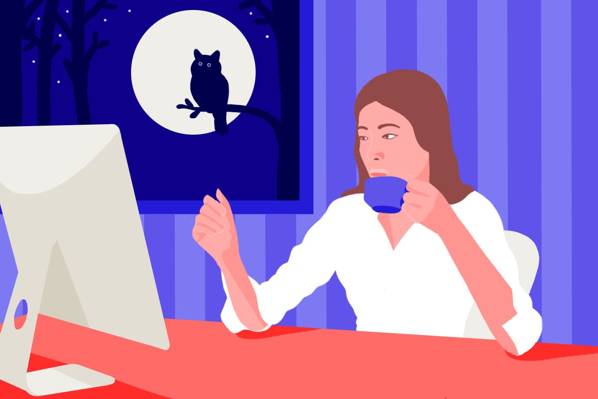 A girl with a night owl chronotype working at her desk. The moon is seen outside her window with an owl sitting on a tree branch.