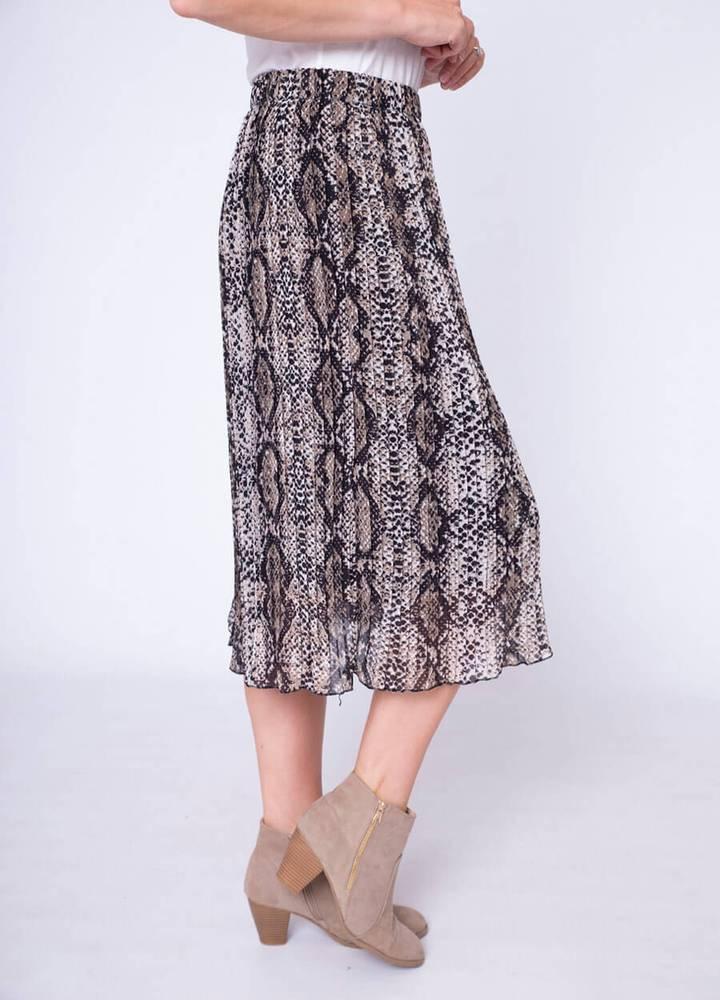 Snake Print Pleat Skirt in Beige