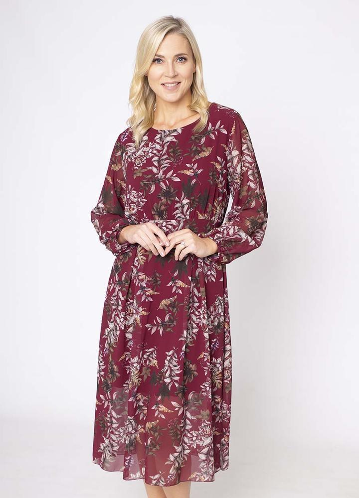 Floral Print Pleat Dress in Wine