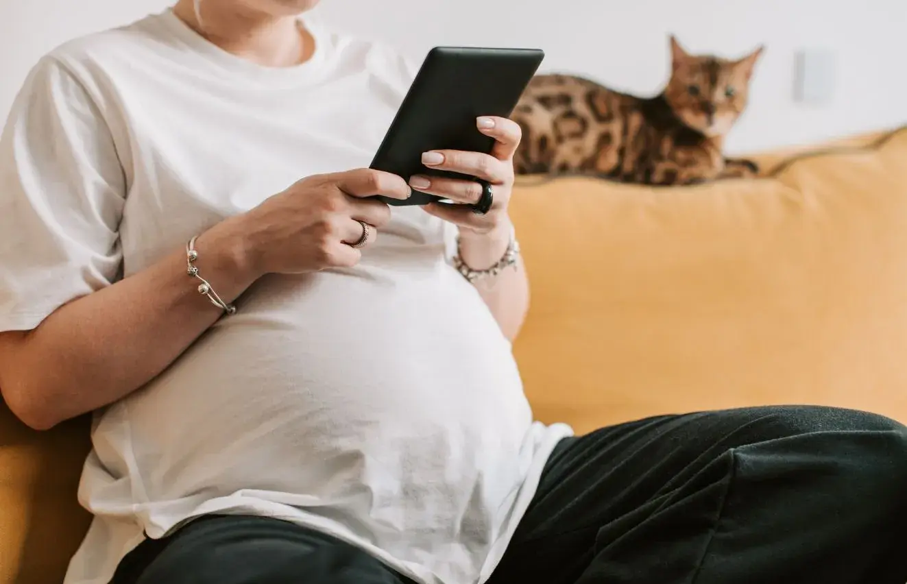 regnant woman on a couch with a cat, focused on her phone, reflecting the blog's theme of pregnancy and cat care.