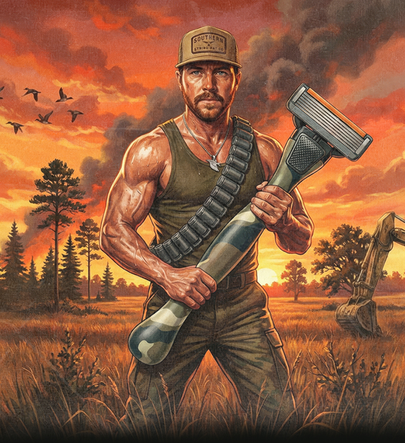 Richii from Southern String Hat Co holding the 6-Blade camo razor.